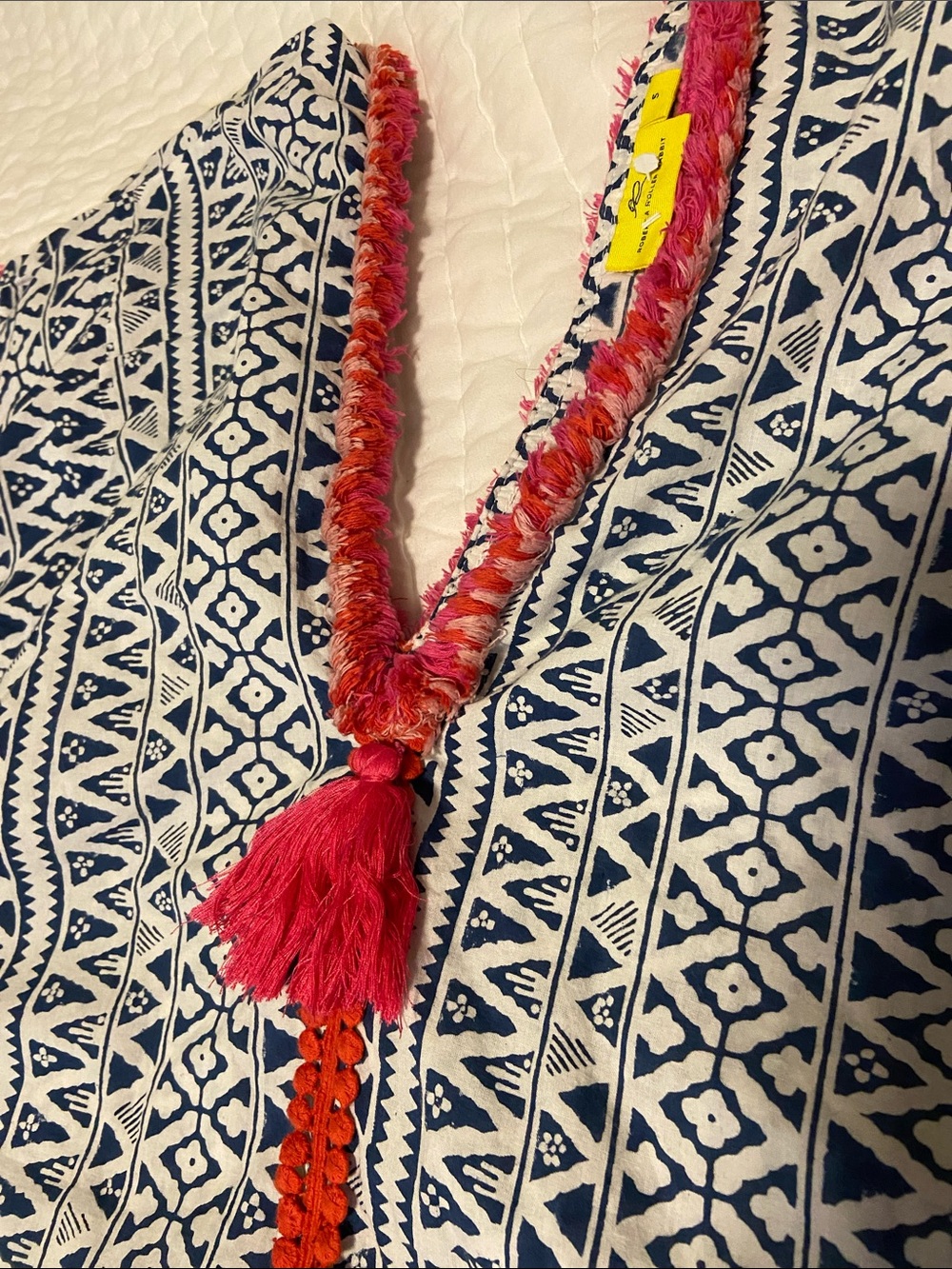 Roberta Roller Rabbit Navy White Boho Tunic Pink Fringe Dress Beach Cover Sz S - Picture 2 of 3